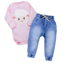 Conjunto Para Bebê Body E Calça Jeans Bordado Ovelha Rosa Claro